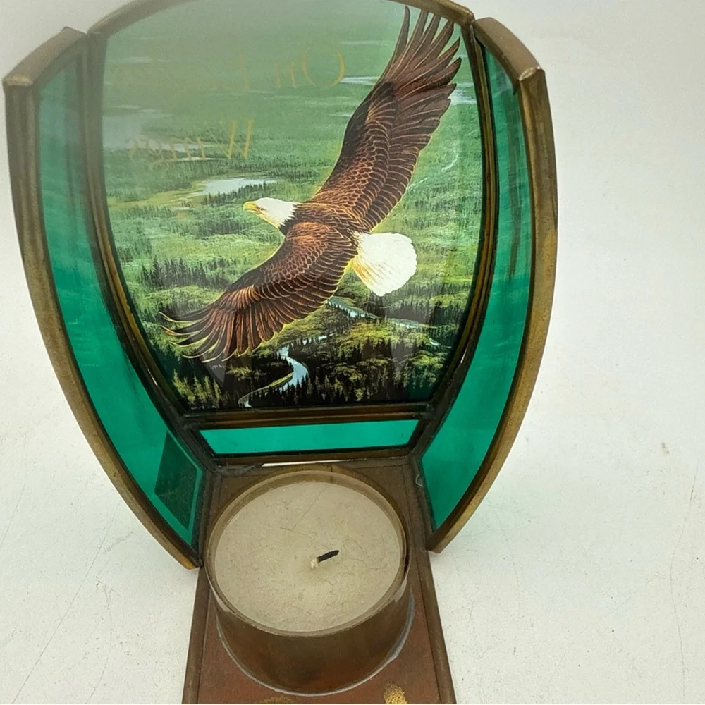 Enesco Stained Glass w/ brass Panel Candle Holder Bald Eagle on Eagles Wings